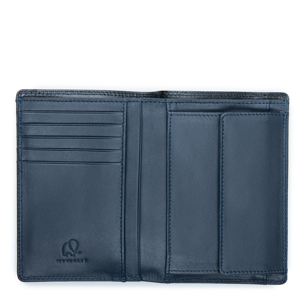 Vertical BiFold Wallet with Coin Pocket Black/Blue open